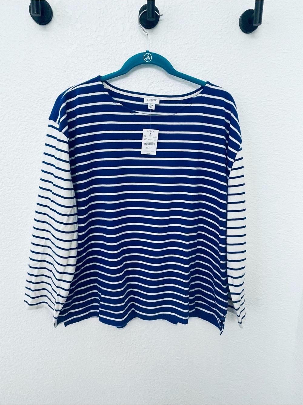 J. Crew Blue and White Striped Long-Sleeve Boatneck Top